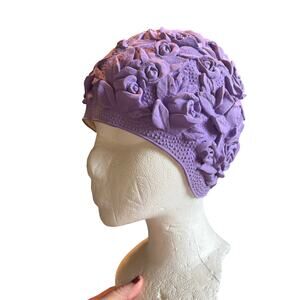 Vintage Swim Cap Womens Roses Latex Rubber Floral Flowers Purple 50s 60s *